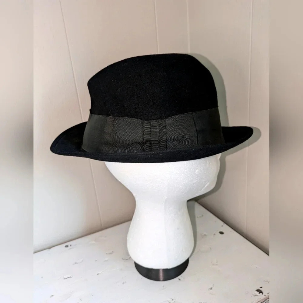 Vintage Royal Stetson Black Wool Fedora Hat 7 1/8 Long Oval Ribbon Bow USA